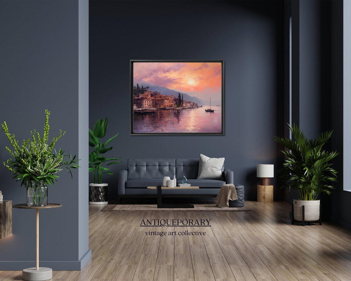 Harbor Town at Sunset with Boats Impressionist Landscape Poster
