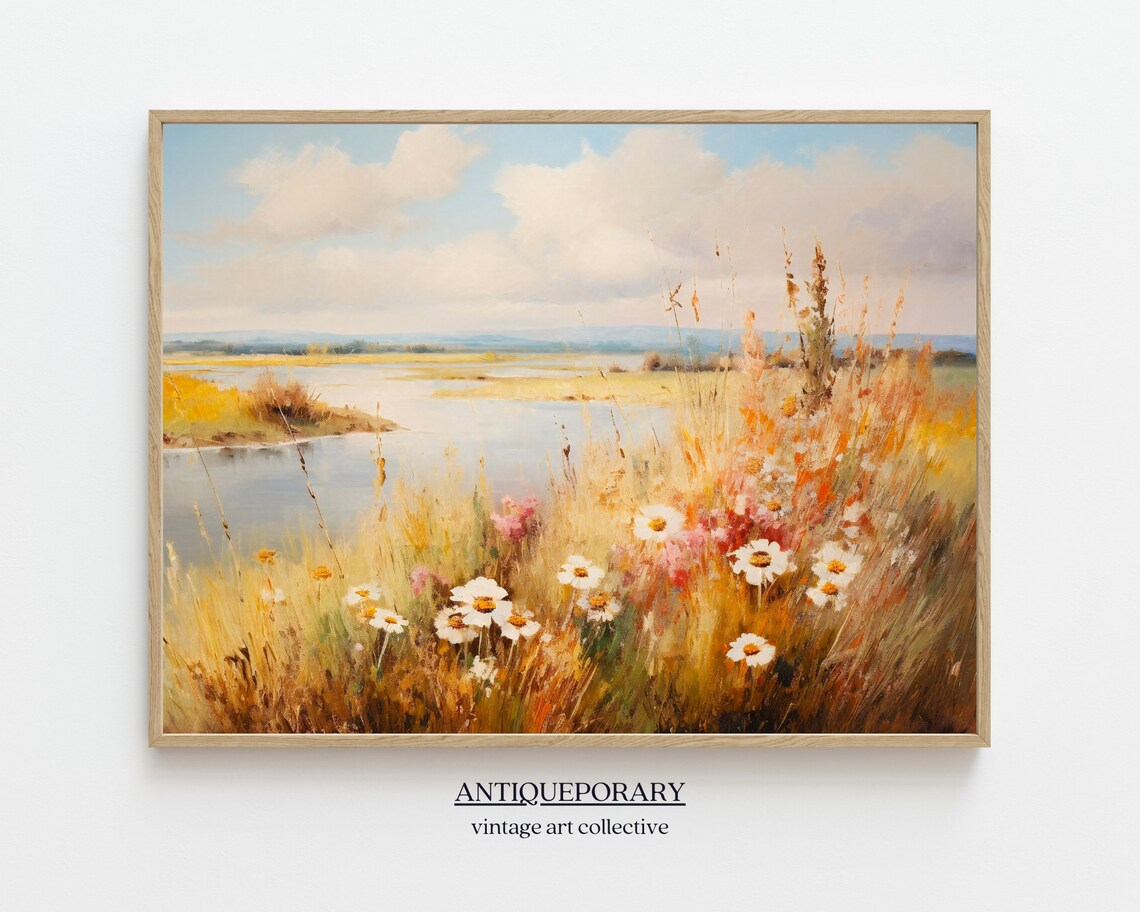 Sunlit Golden Wildflower Bank with Daisies by Calm Lake Poster
