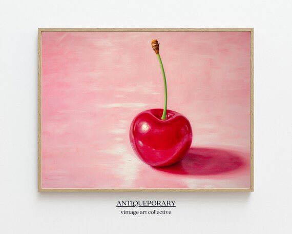 Pink Pop Art Print Cherry Modern Still Life Painting Trendy Retro Artwork Vintage Pop Art Retro Gift Idea Kitchen Art Minimalist Decor