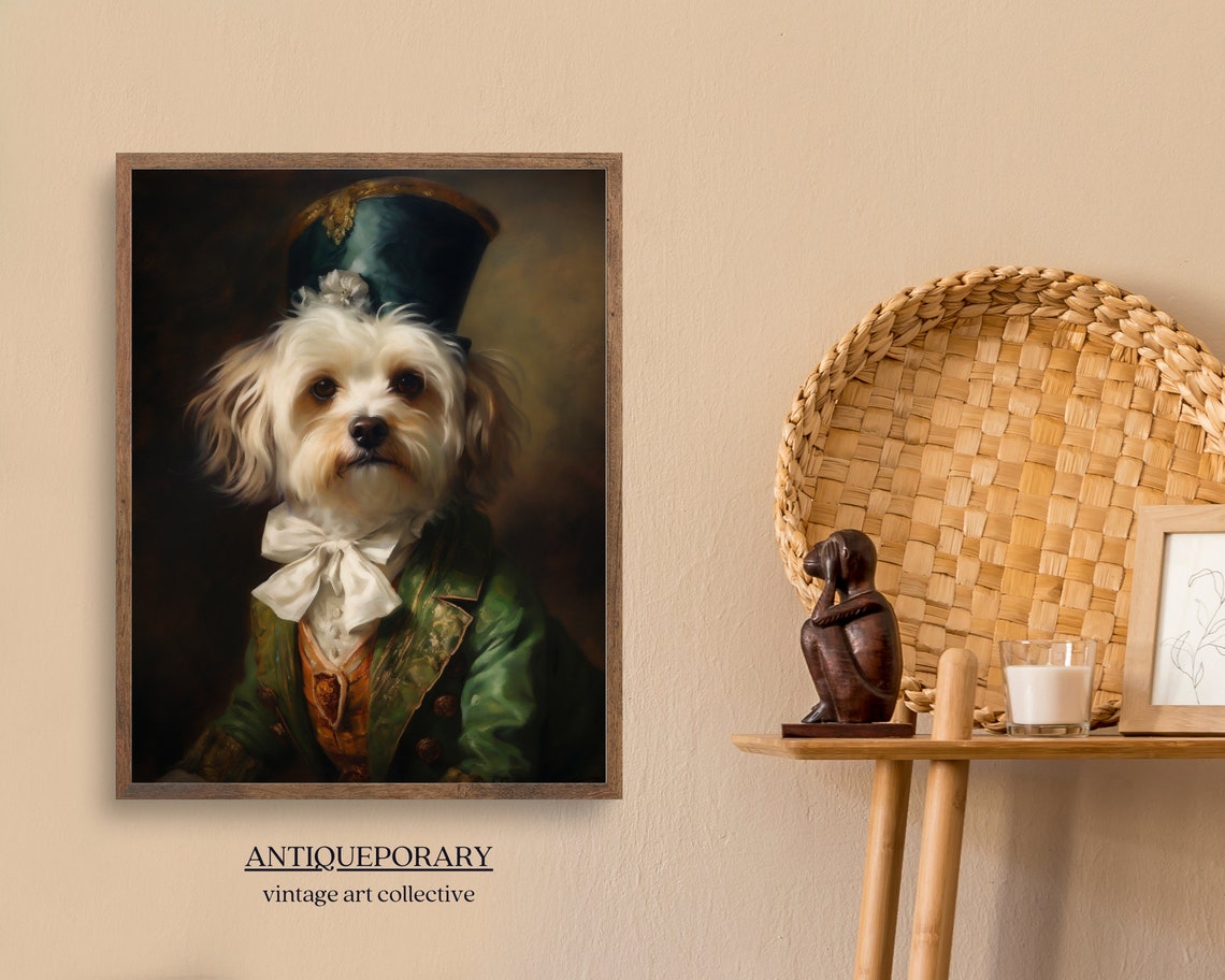 Dapper Little Dog in Green Top Hat and Emerald Coat Portrait Print
