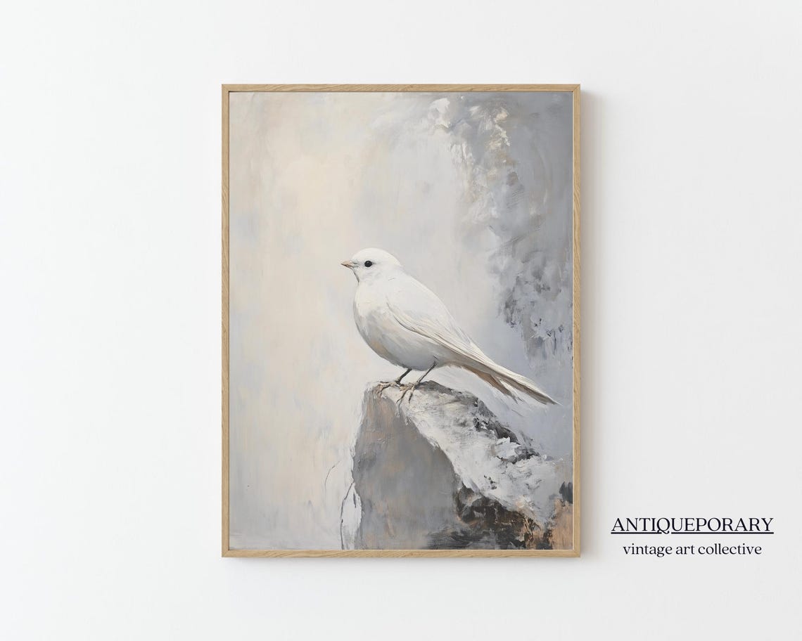 White Bird on Rock Muted Minimalist Vintage Bird Painting Poster