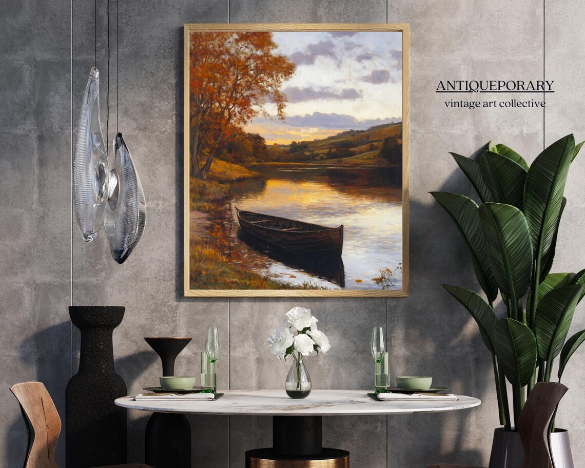 Autumn River Sunset Wooden Rowboat Vintage Landscape Art Poster - Image 6