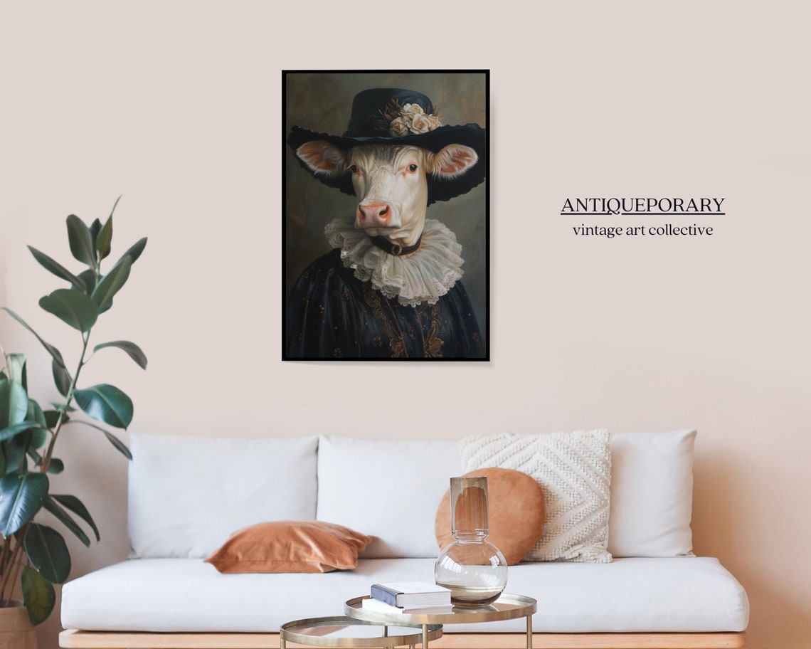 Elegant Lady Cow in Black Rose Hat Victorian Portrait Wall Art - Image 5