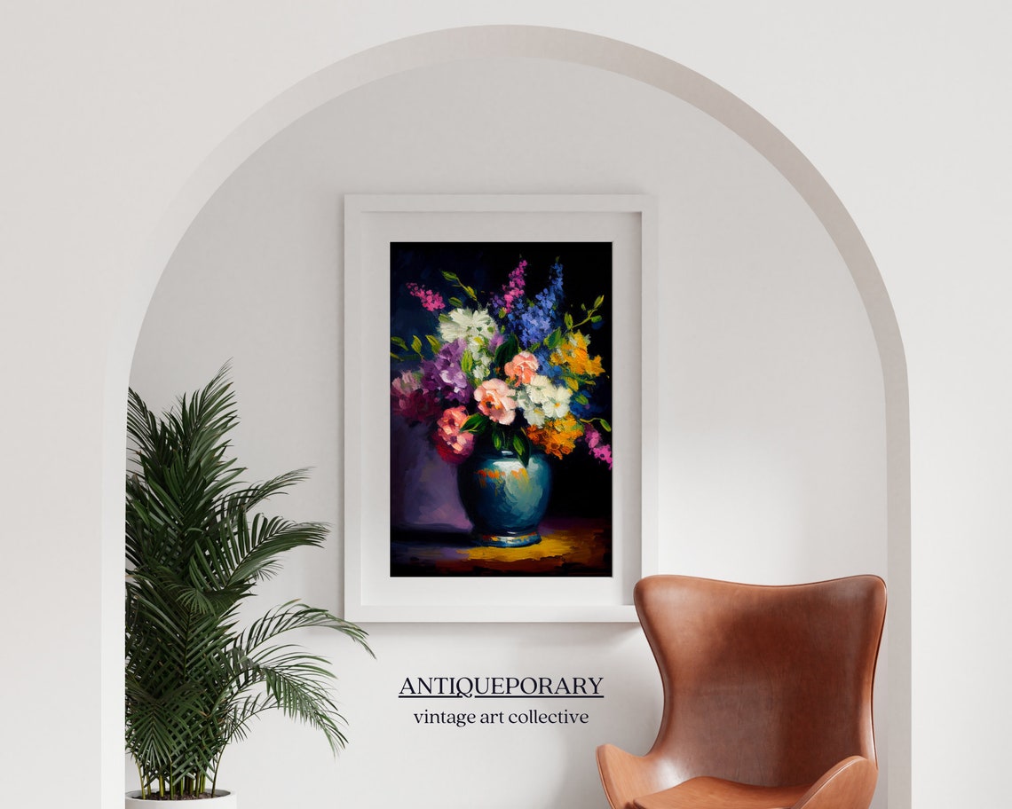 Lush Colorful Bouquet in Teal Ceramic Vase Dark Background Print - Image 4
