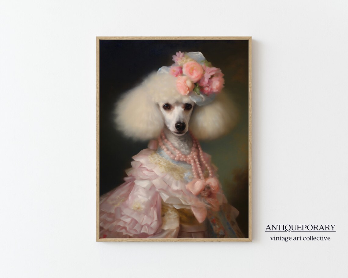 Elegant Poodle Lady in Pink Gown Pearl Necklace Portrait Wall Art - Image 7