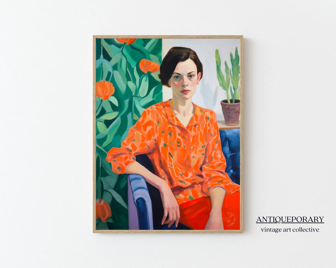 Woman in Orange Floral Blouse Modern Portrait with Tulips Poster