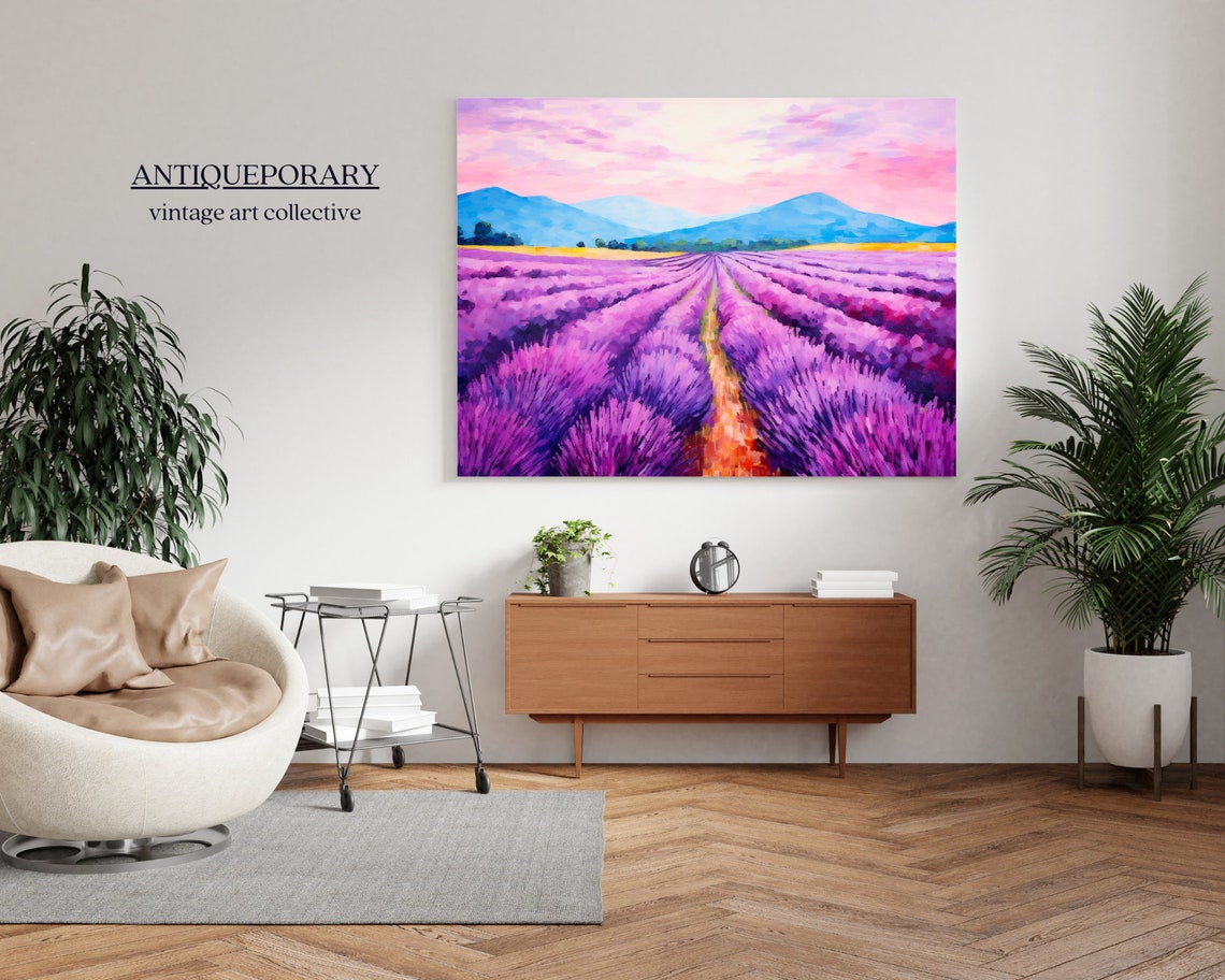 Lavender Field Rows Pink Sunset Landscape Mountain Painting Poster - Image 6
