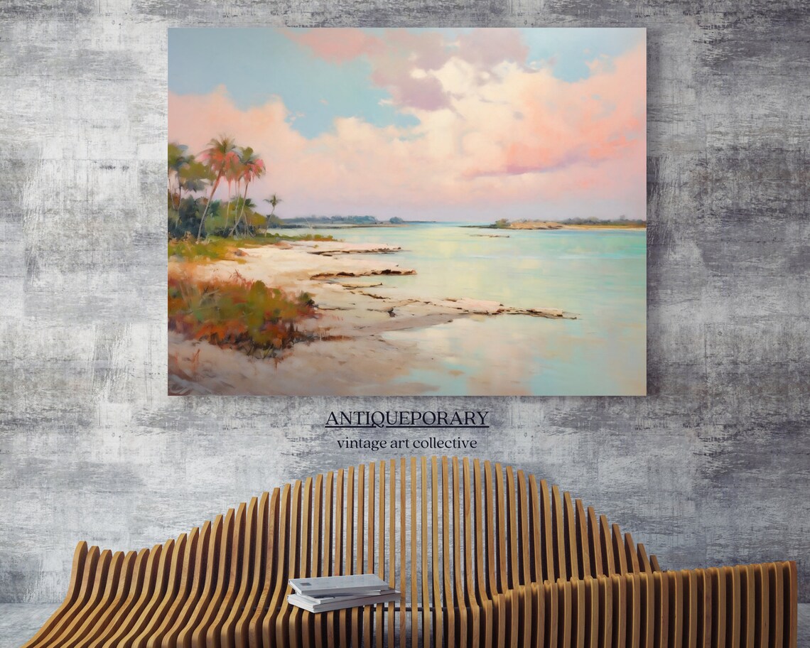Pastel Beach Palm Trees Turquoise Water Coastal Landscape Poster - Image 6
