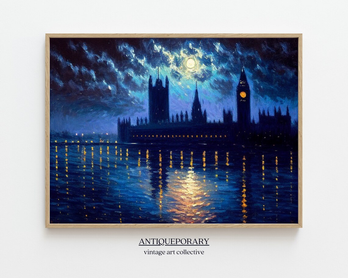 London Westminster Big Ben at Night Moonlit Thames Oil Painting Poster