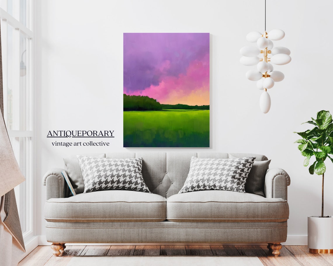 Abstract Green Meadow Sunset Sky Purple Modern Landscape Poster - Image 7