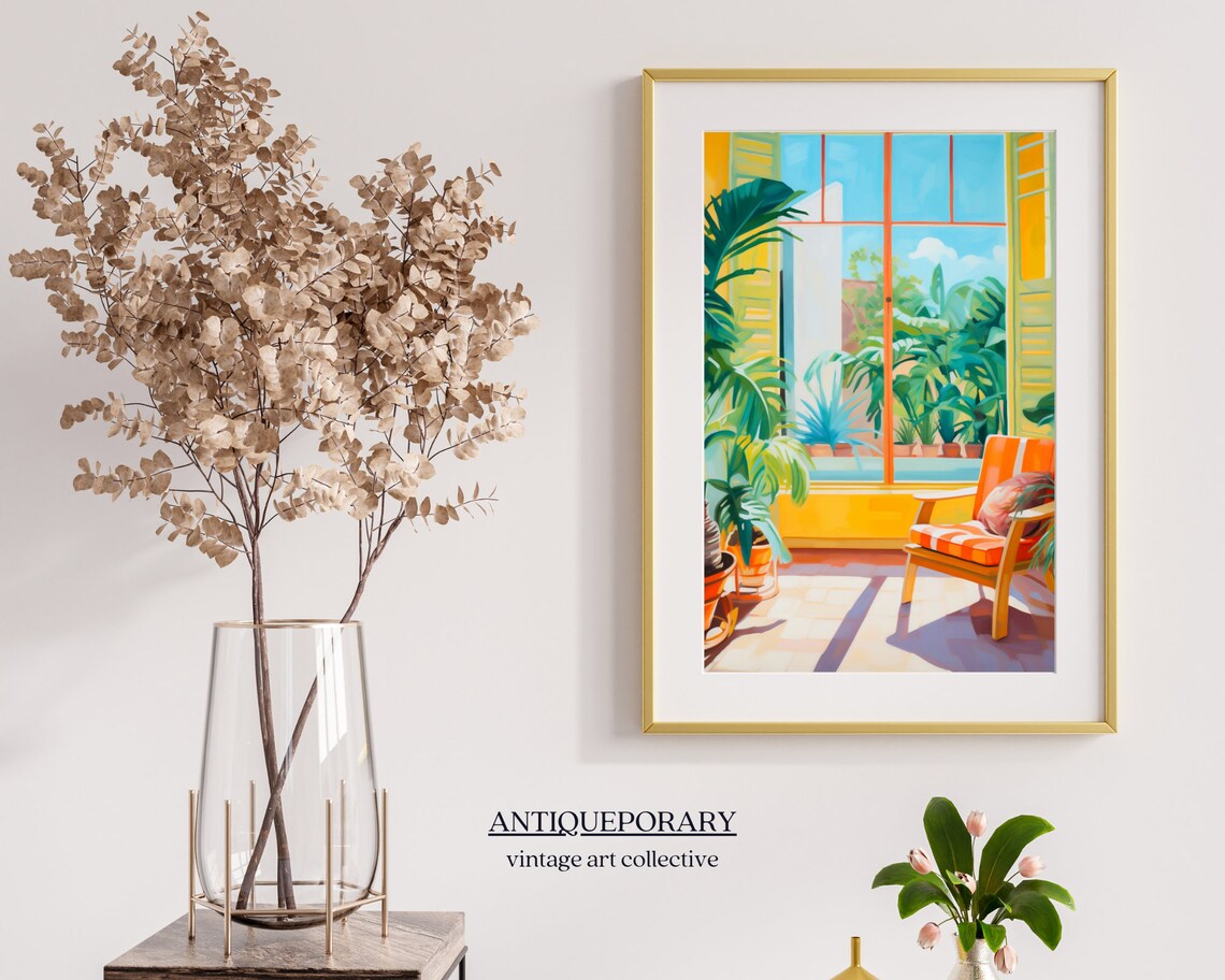 Tropical Sunroom Interior Painting Palm Plants Orange Armchair Poster - Image 7