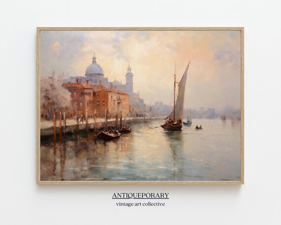 Vintage Venice Canal Painting Antique Cityscape Print Rustic Italy Landscape Moody Autumn Wall Decor Art