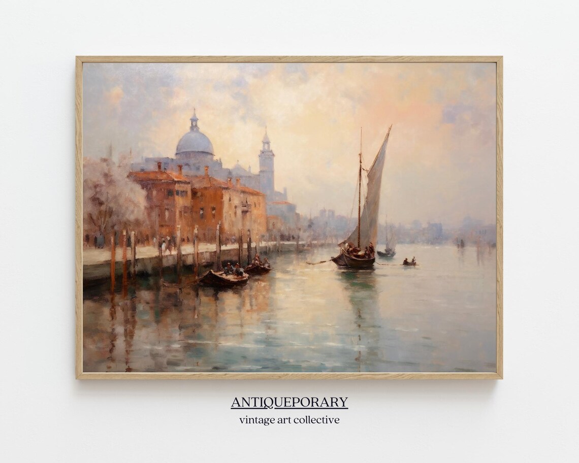 Venetian Canal Sailboats Domed Basilica Soft Pastel Travel Art Poster