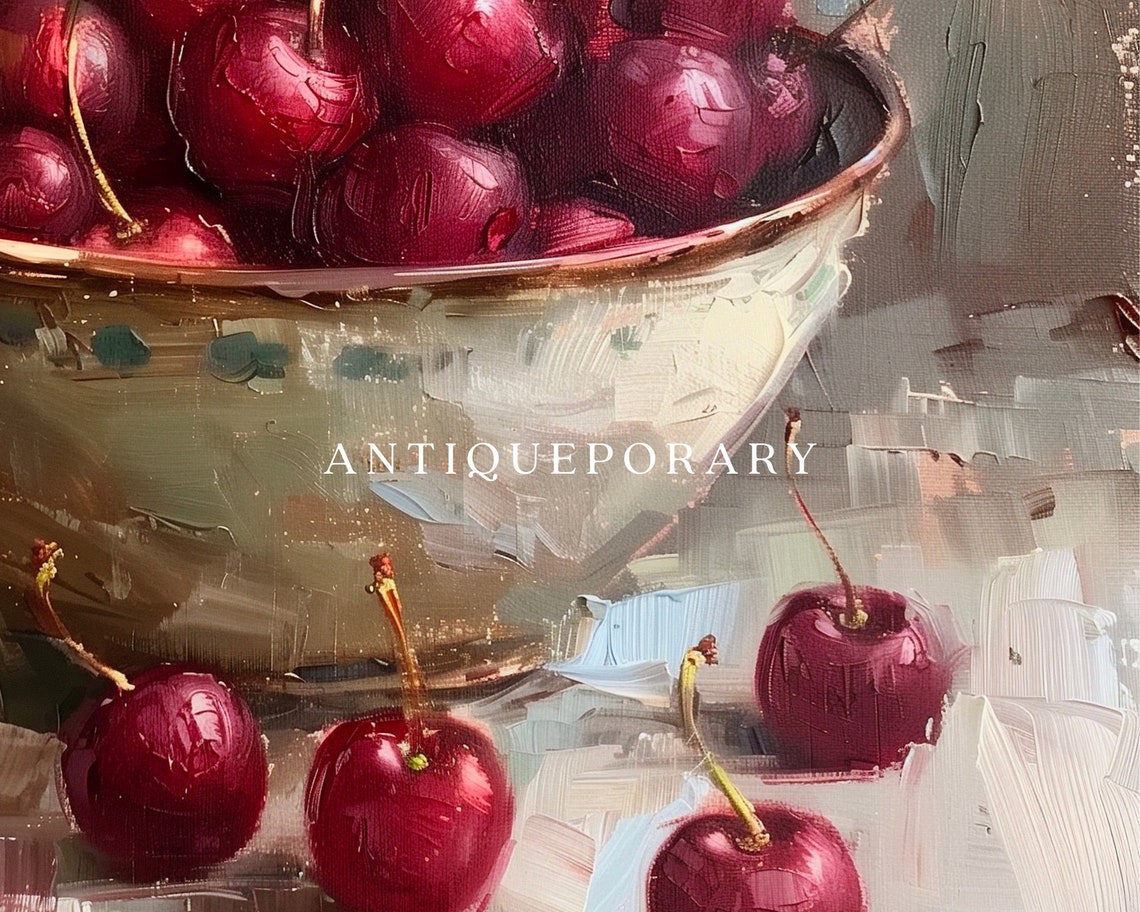 Country Rustic Red Cherry Bowl Still Life Oil Painting Poster - Image 2