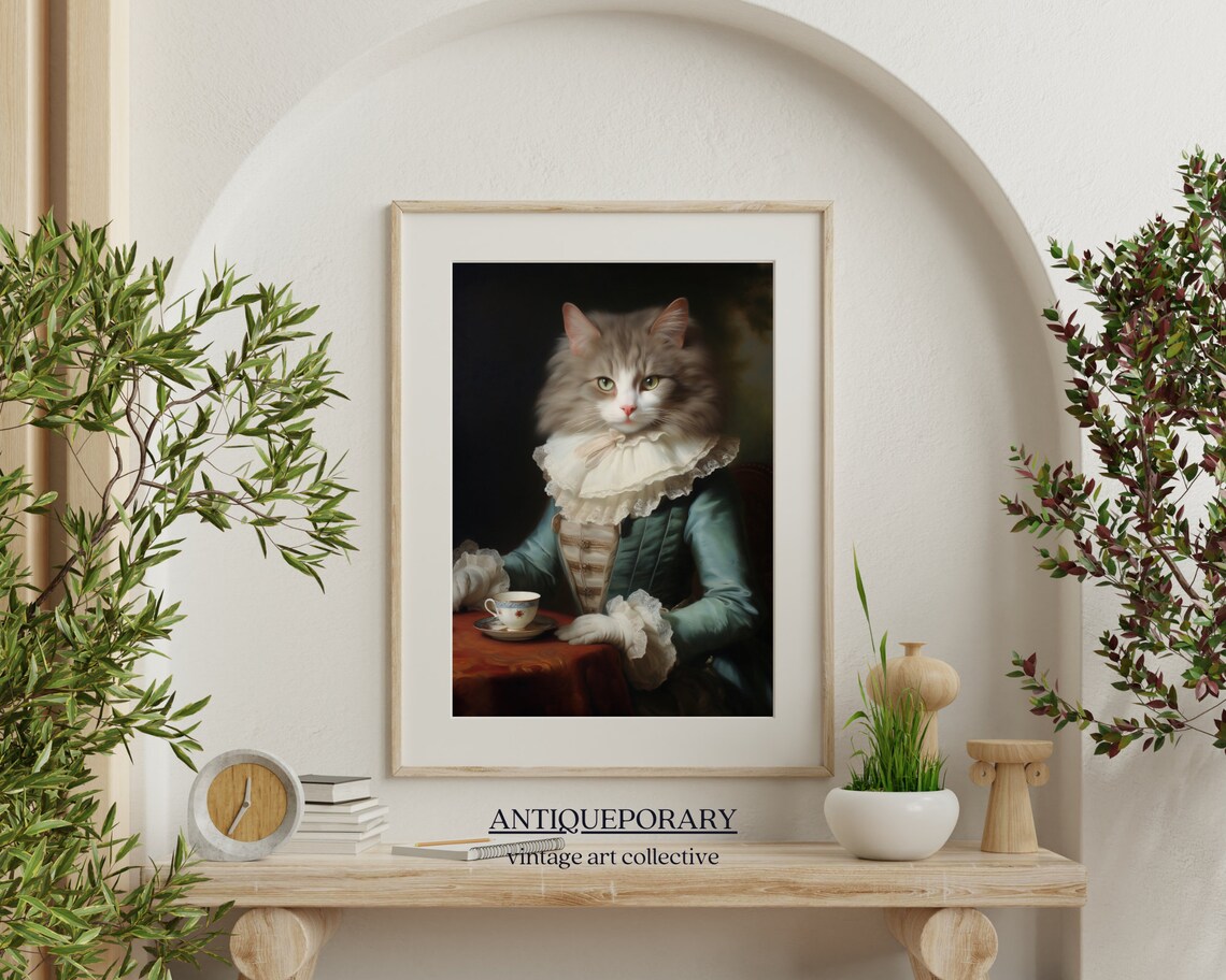 Royal Lady Cat Blue Dress Tea Cup Victorian Portrait Vintage Poster - Image 7