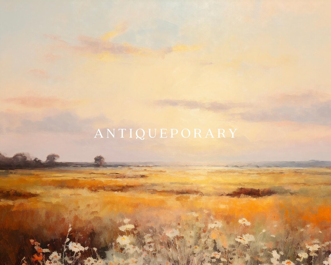 Golden Wildflower Field at Sunset Soft Impressionist Landscape Print - Image 3