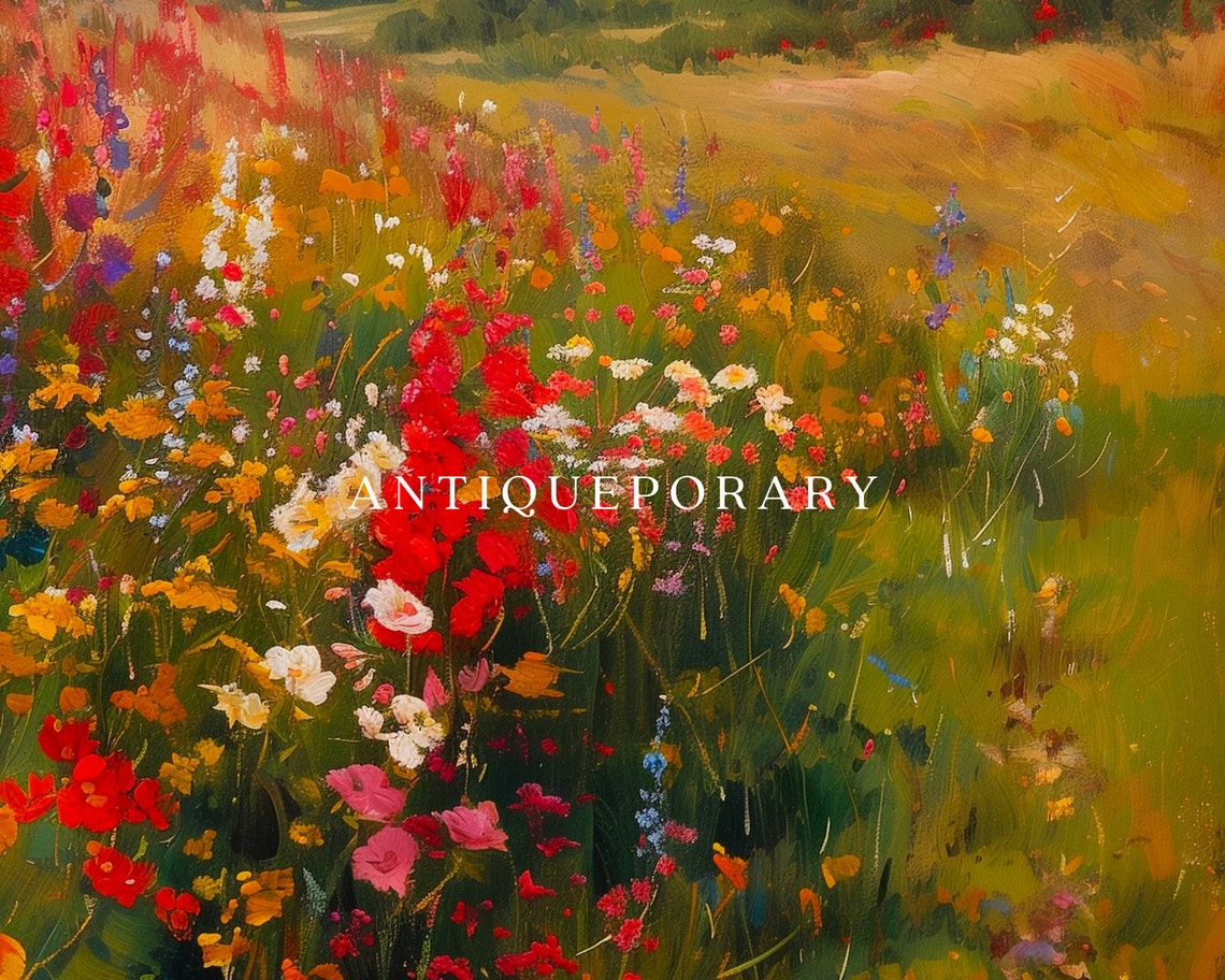 Colorful Wildflower Meadow Rolling Hills Cloudy Sky Painting Poster - Image 2