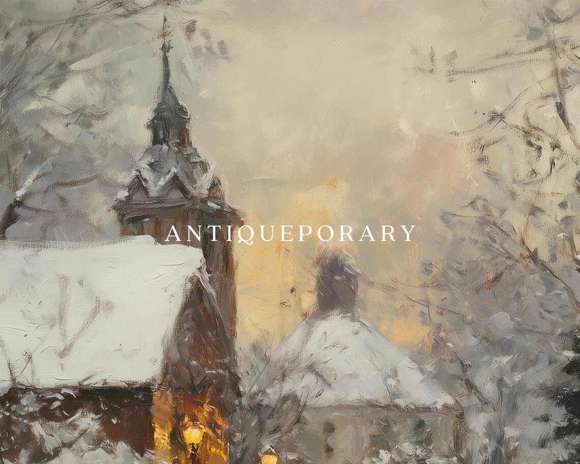 Child Walking a Snowy Village Street at Dusk Winter Scene Poster - Image 3