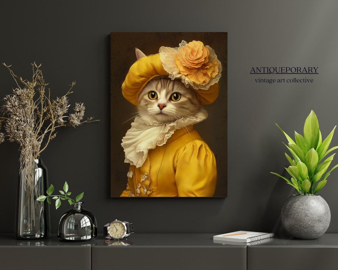 Golden Yellow Floral Hat Lady Cat Victorian Portrait Wall Art - Image 4