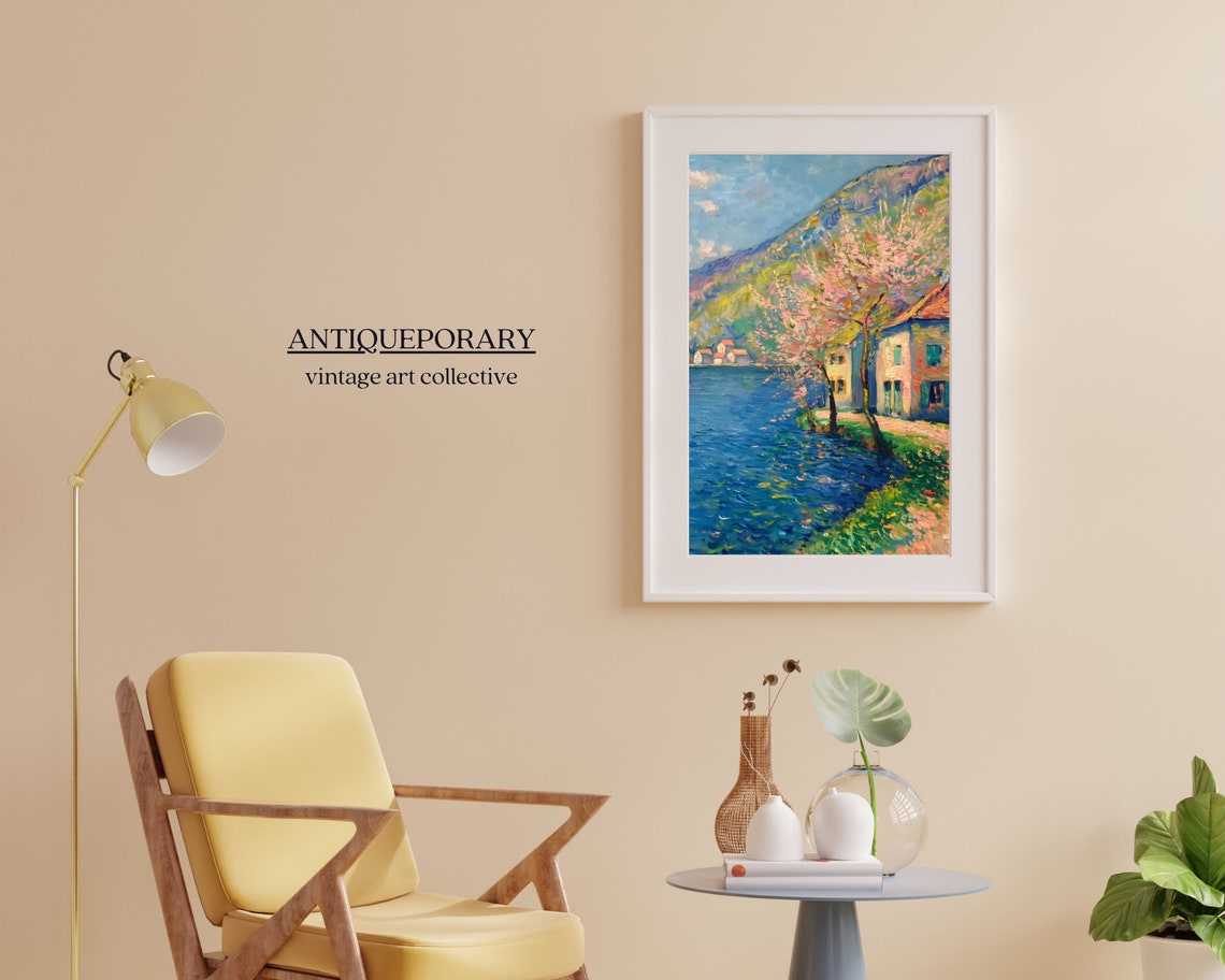 Spring Lakeside Village Blossom Impressionist Landscape Wall Art - Image 6