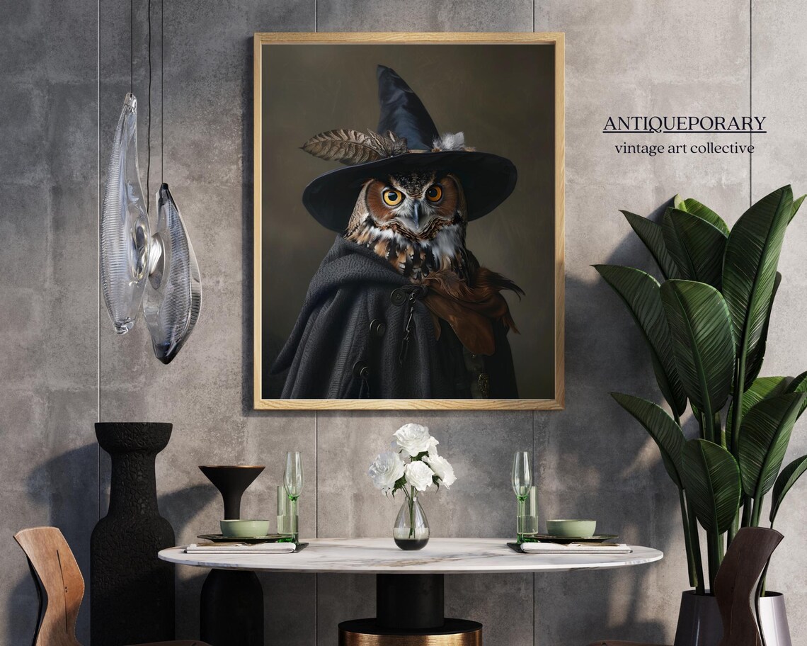 Witch Hat Owl Portrait Halloween Cloak Vintage Style Painting Poster - Image 5