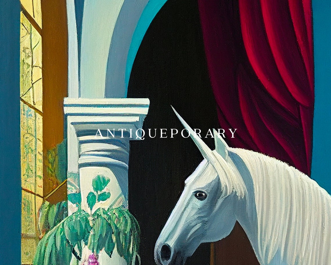 Whimsical White Unicorn in Classical Arched Blue Hallway Poster - Image 3