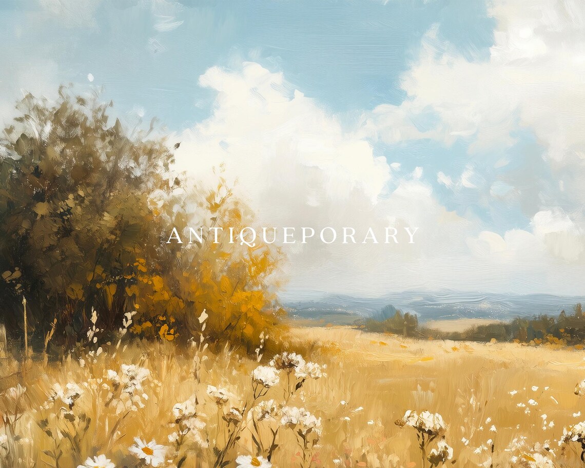 Wildflower Field Landscape Oil Painting Vintage Autumn Landscape Print Neutral Country Field Wall Art Nature - Image 3