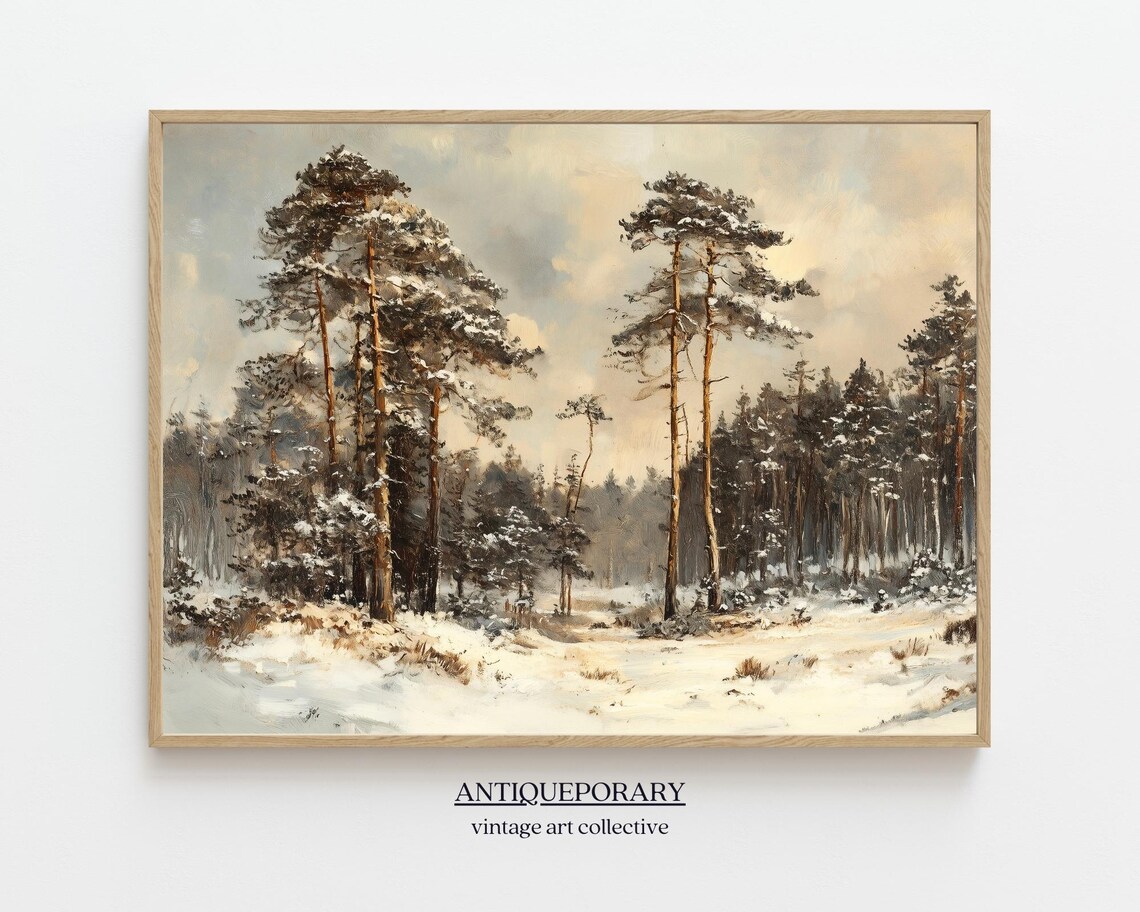 Snowy Pine Forest Winter Landscape Muted Vintage Painting Poster