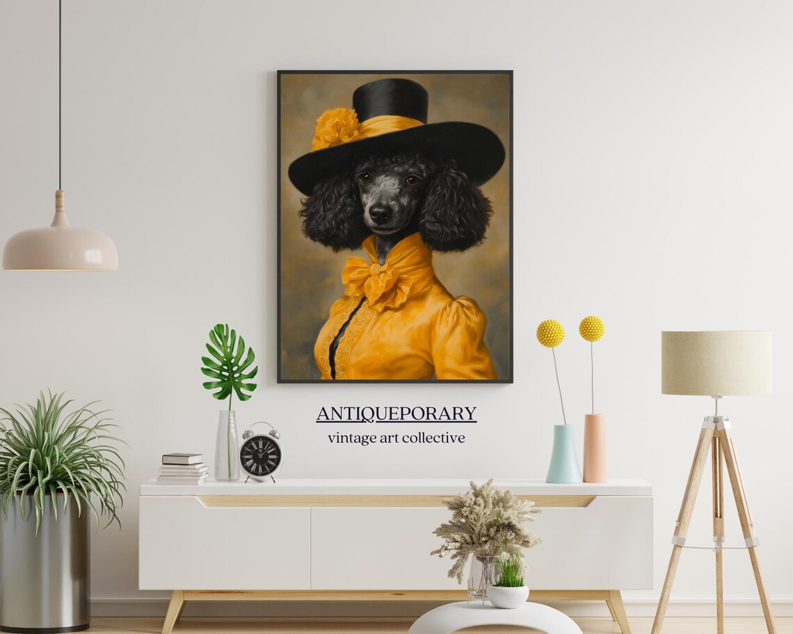 Black Poodle Vintage Portrait in Yellow Dress and Top Hat Poster - Image 7