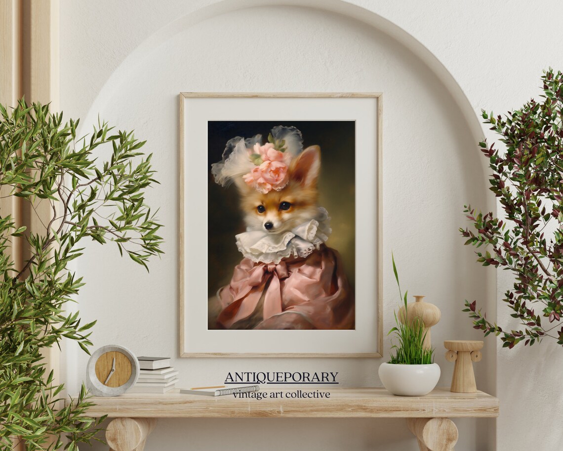 Baby Fox Pup Pink Dress Floral Hat Vintage Animal Portrait Poster - Image 3