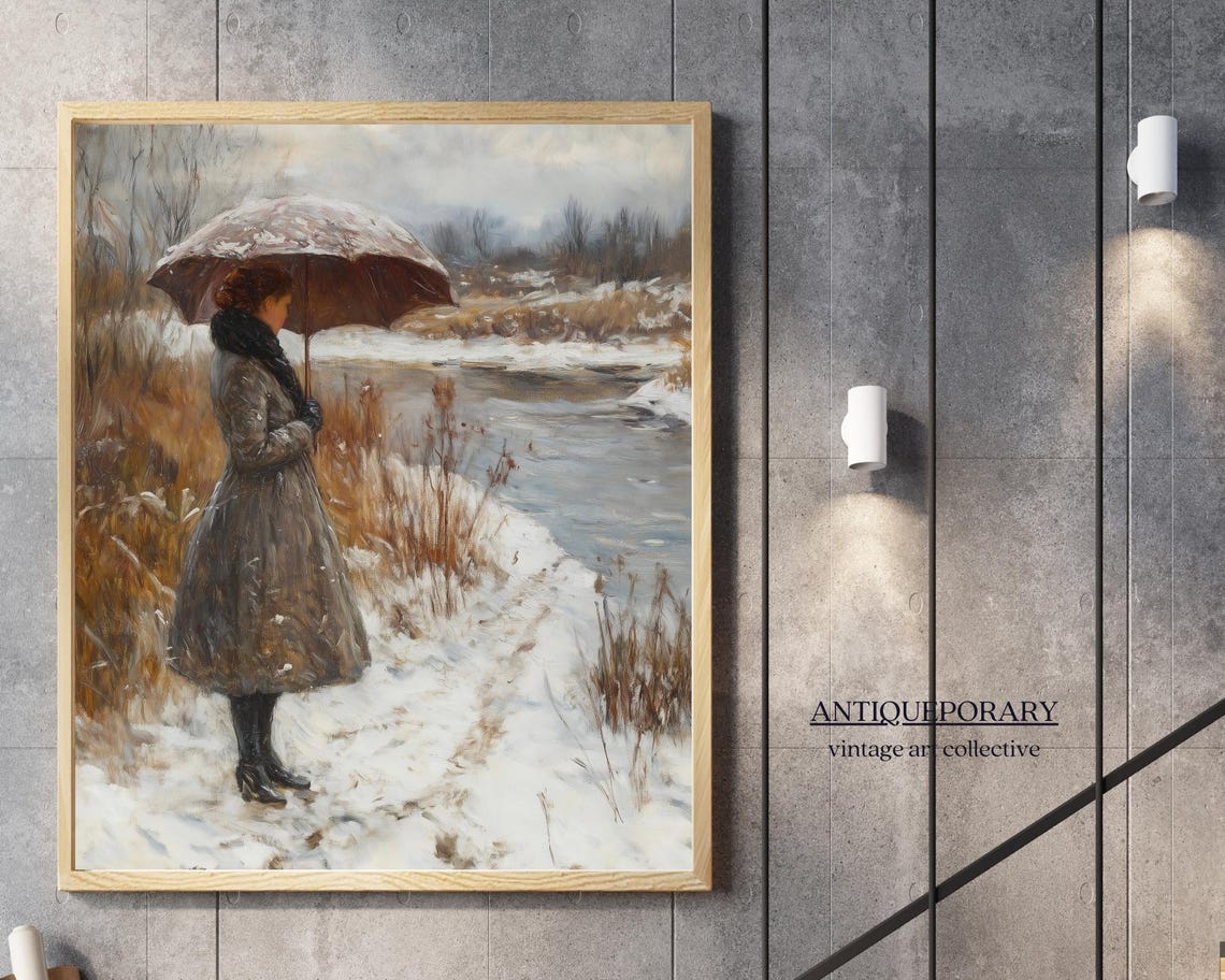 Woman with Umbrella Standing by a Snowy River Winter Scene Poster - Image 6