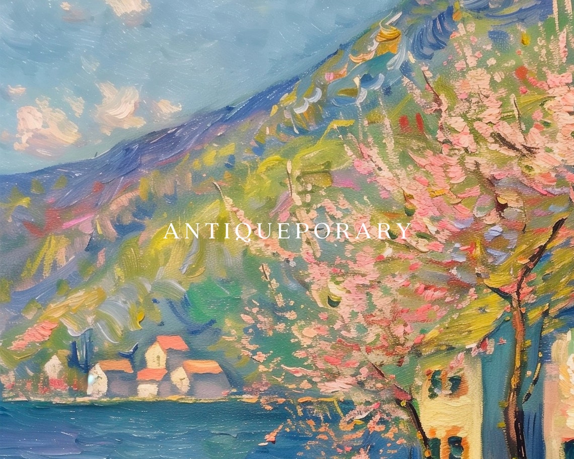 Spring Lakeside Village Blossom Impressionist Landscape Wall Art - Image 3