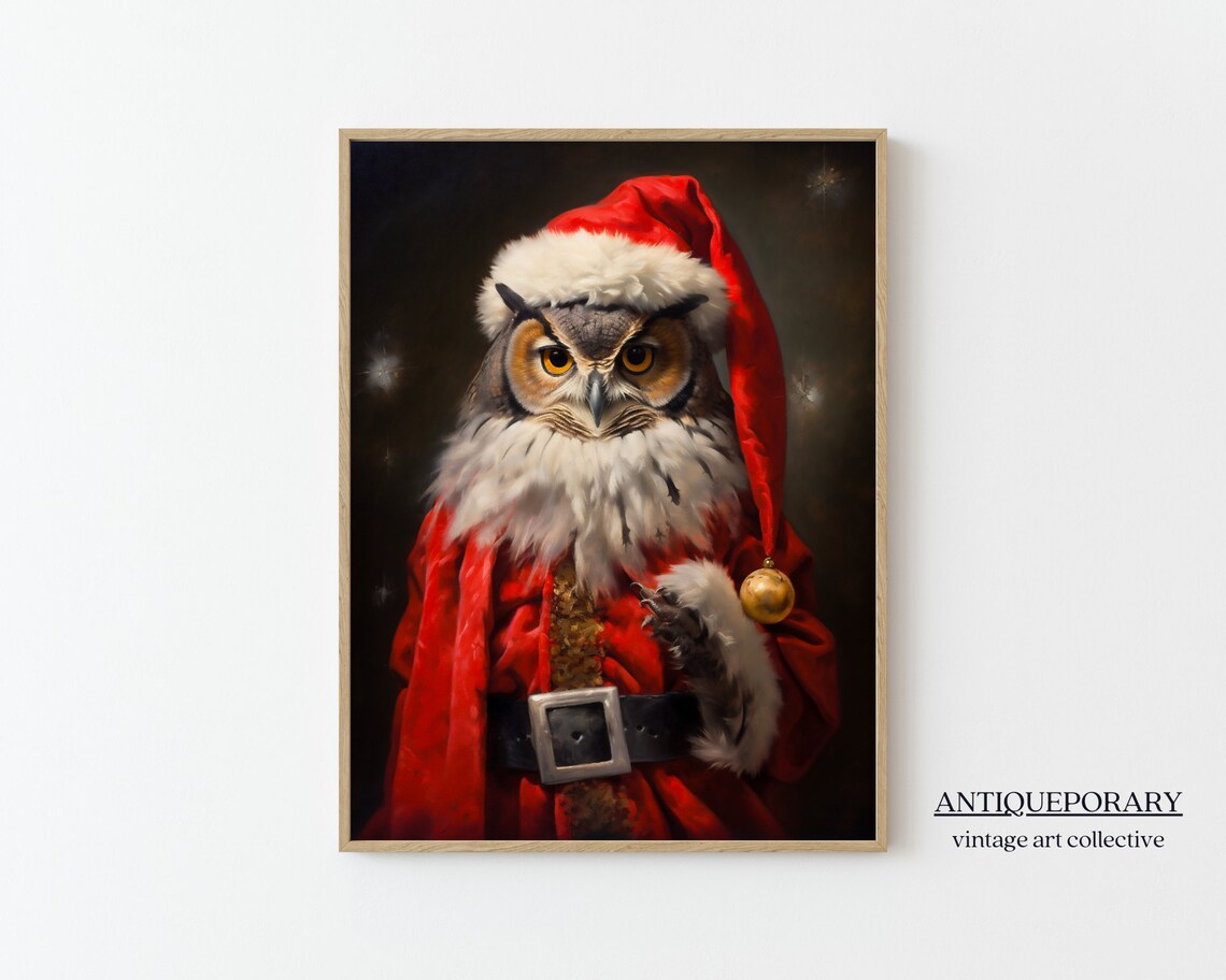Christmas Santa Owl Red Robe Gold Ornament Holiday Portrait Poster