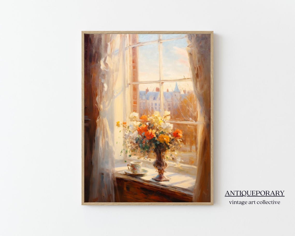 Vintage Floral Still Life Duo with White Roses and Window Blooms Print - Image 7