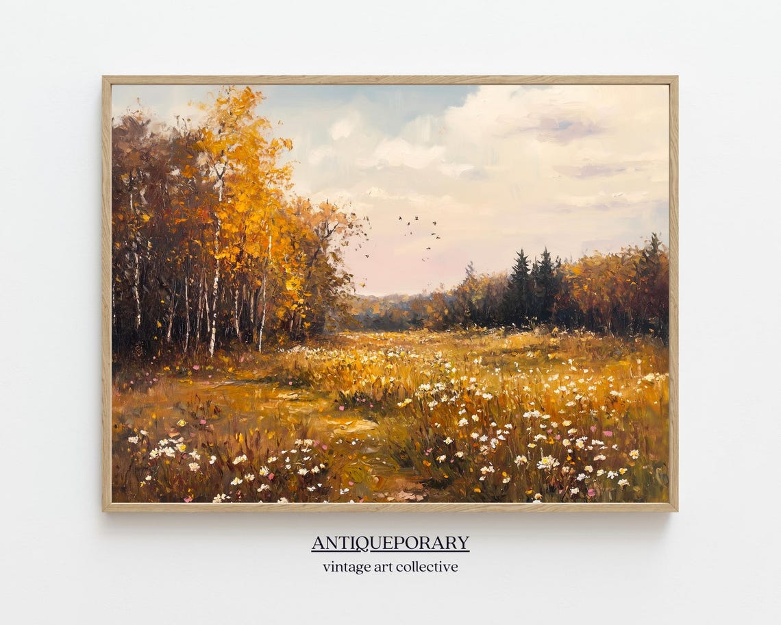 Autumn Wildflower Field Landscape Painting Vintage Fall Country Field Print Moody Oil Painting Wall Art Print Nature