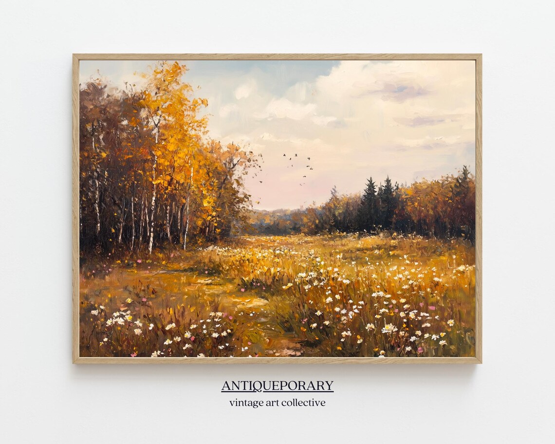 Autumn Wildflower Meadow Golden Trees Vintage Oil Painting Poster