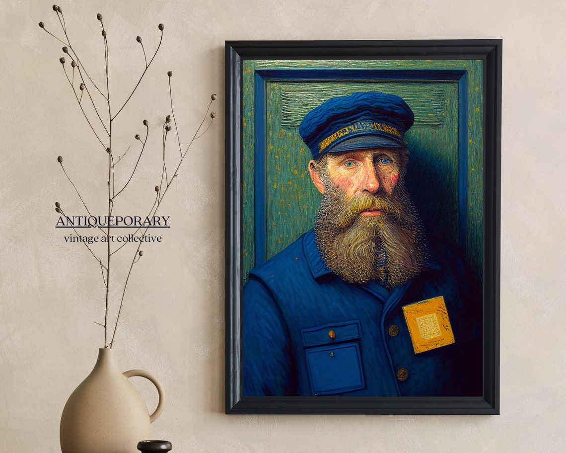 Vintage Postman Portrait Bearded Mailman Blue Uniform Painting Poster - Image 4