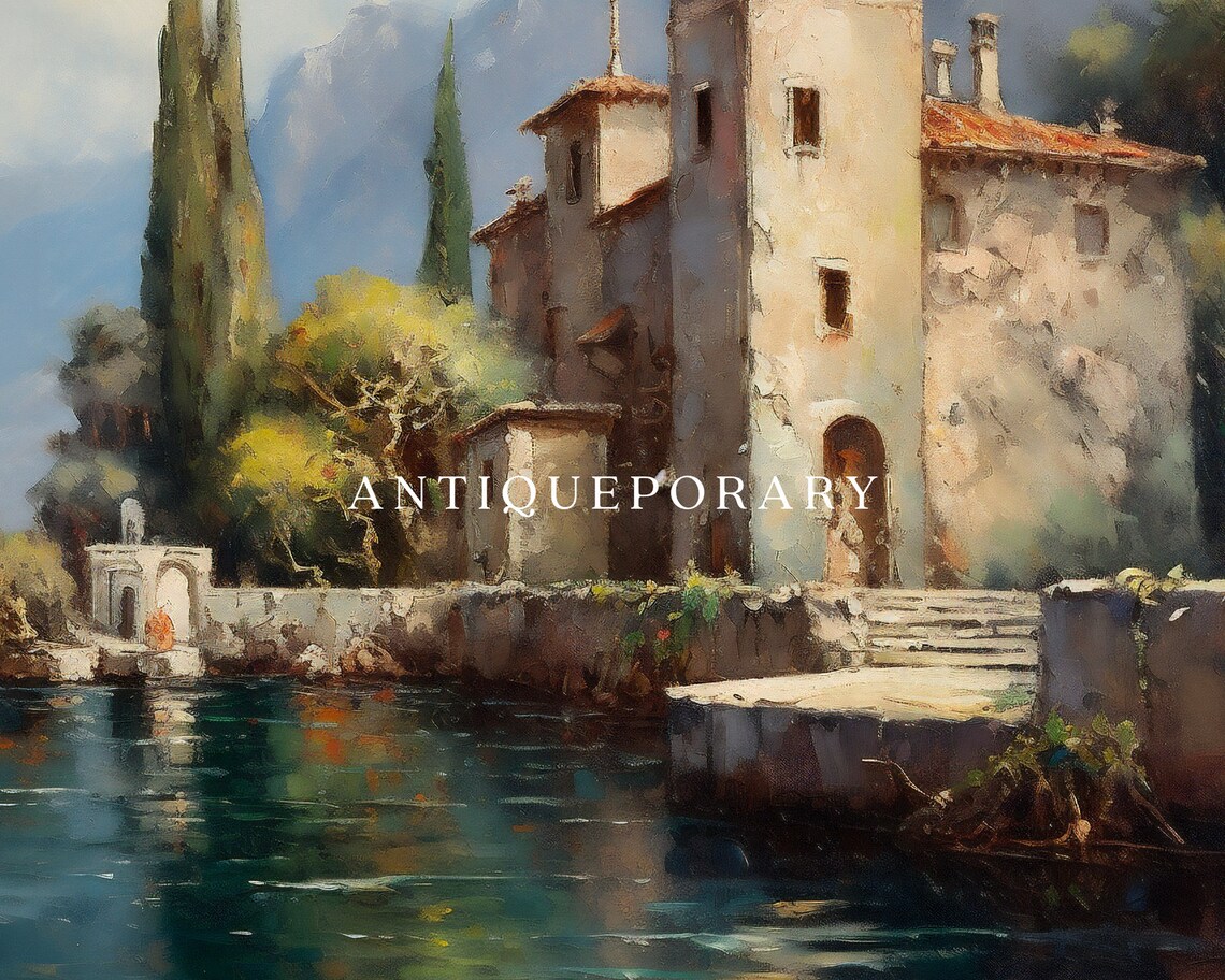 Italian Lake Village Stone Villa Cypress Trees Vintage Painting Poster - Image 2