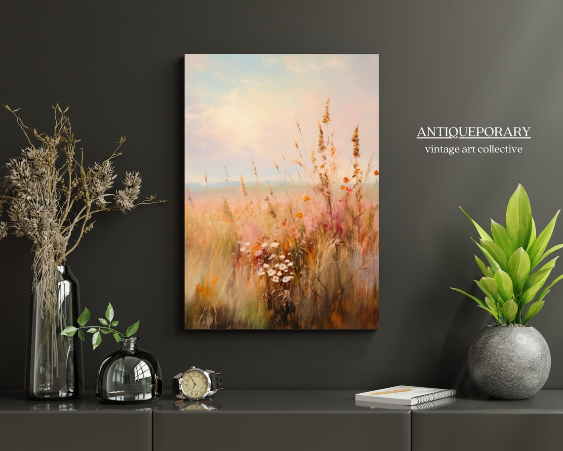 Muted Fall Wildflower Meadow in Soft Neutral Landscape Painting Poster - Image 2