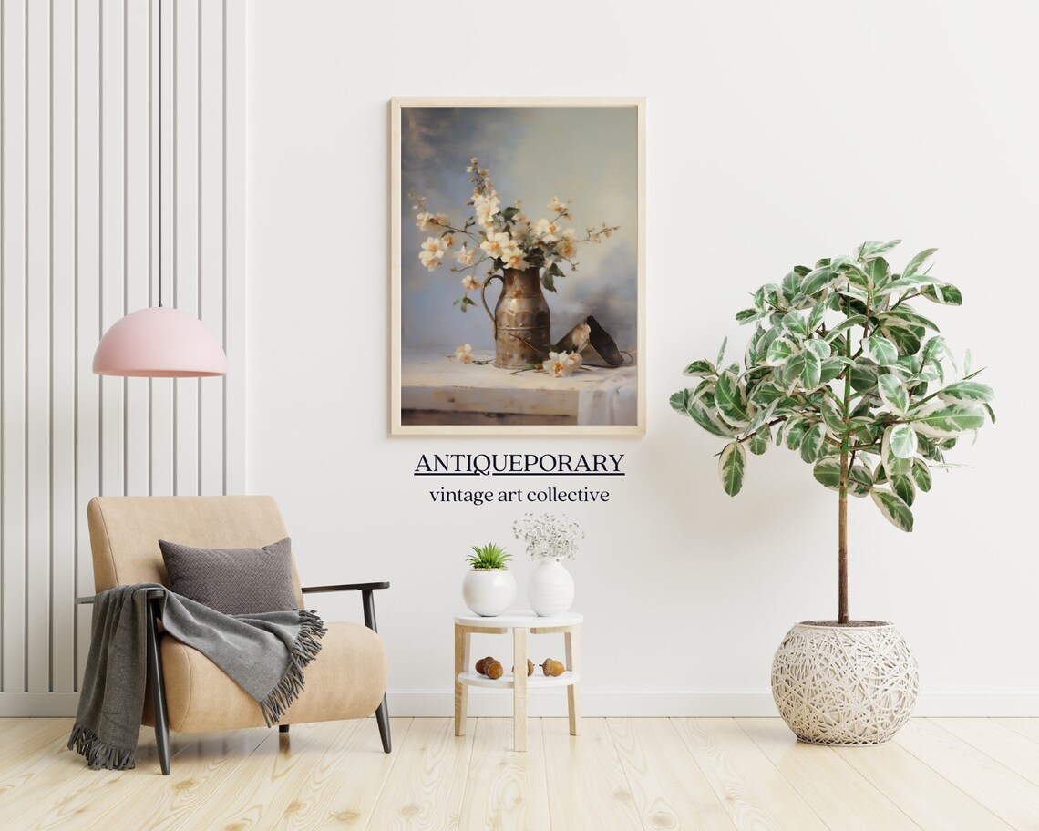 White Blossom Branches in Antique Copper Jug Vintage Still Life Poster - Image 6