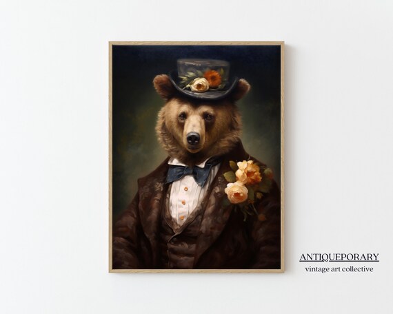 Victorian Bear Portrait Gentleman Top Hat Tuxedo Vintage Animal Poster