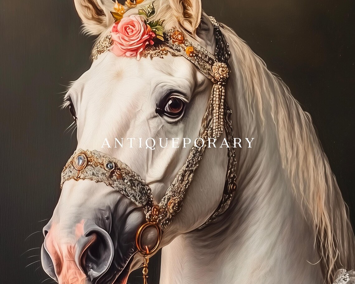 White Horse in Bridal Gown with Rose Headdress Vintage Portrait Poster - Image 3