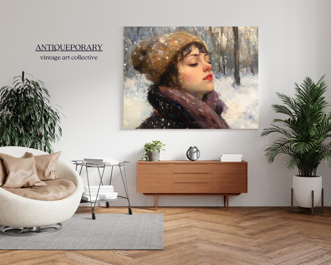 Woman in Snowfall Fur Hat Vintage Winter Portrait Oil Painting Poster - Image 5