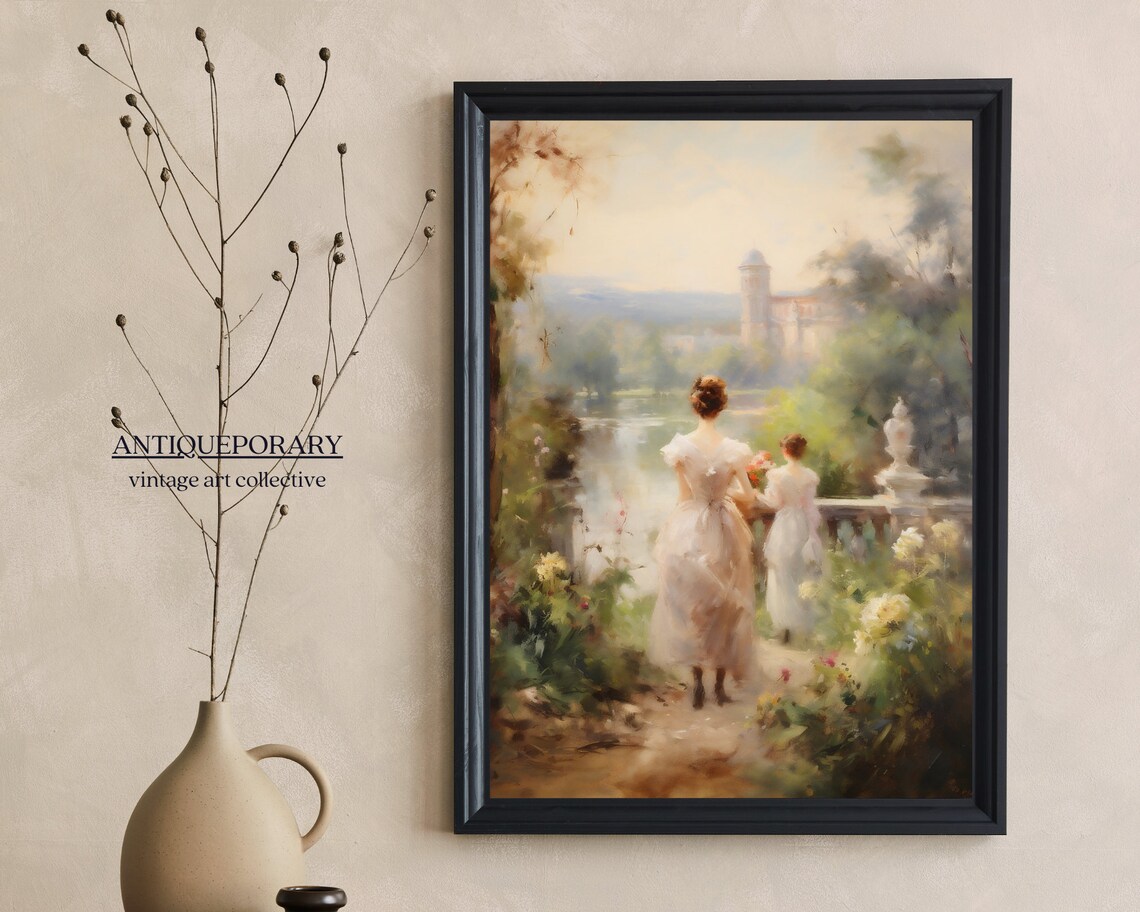 Mother Child Garden Lake View Vintage European Painting Poster - Image 7