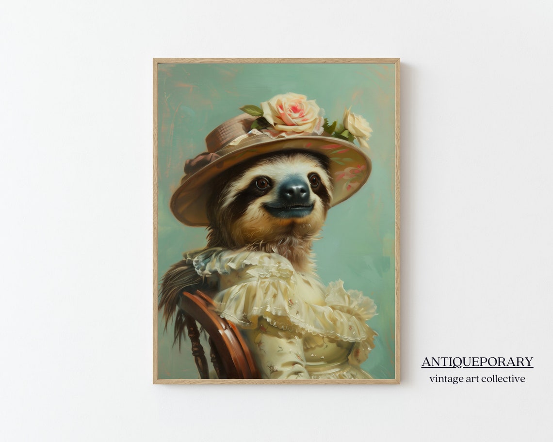 Sloth Lady in a Floral Hat and Ruffled Cream Victorian Dress Poster
