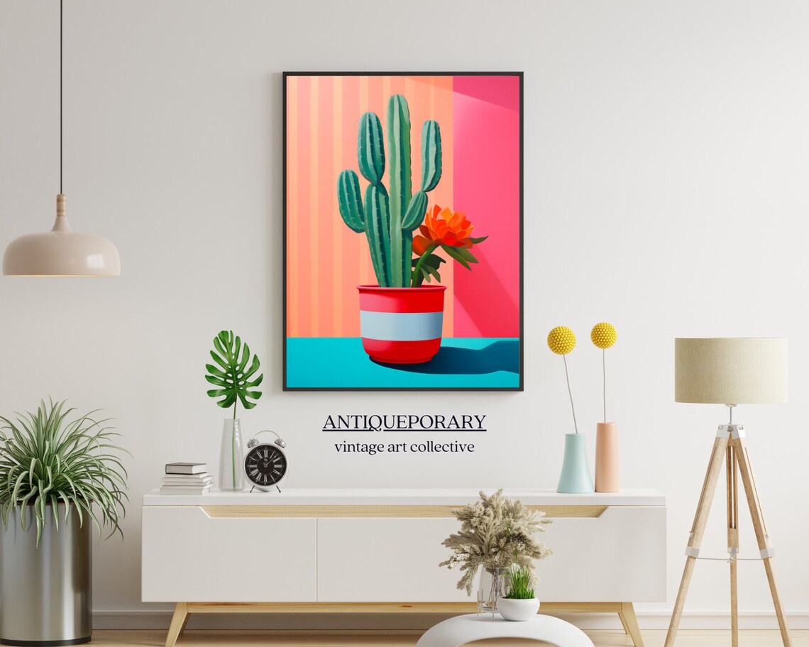 Tall Green Cactus Red Striped Pot Pink Pop Art Botanical Poster - Image 5