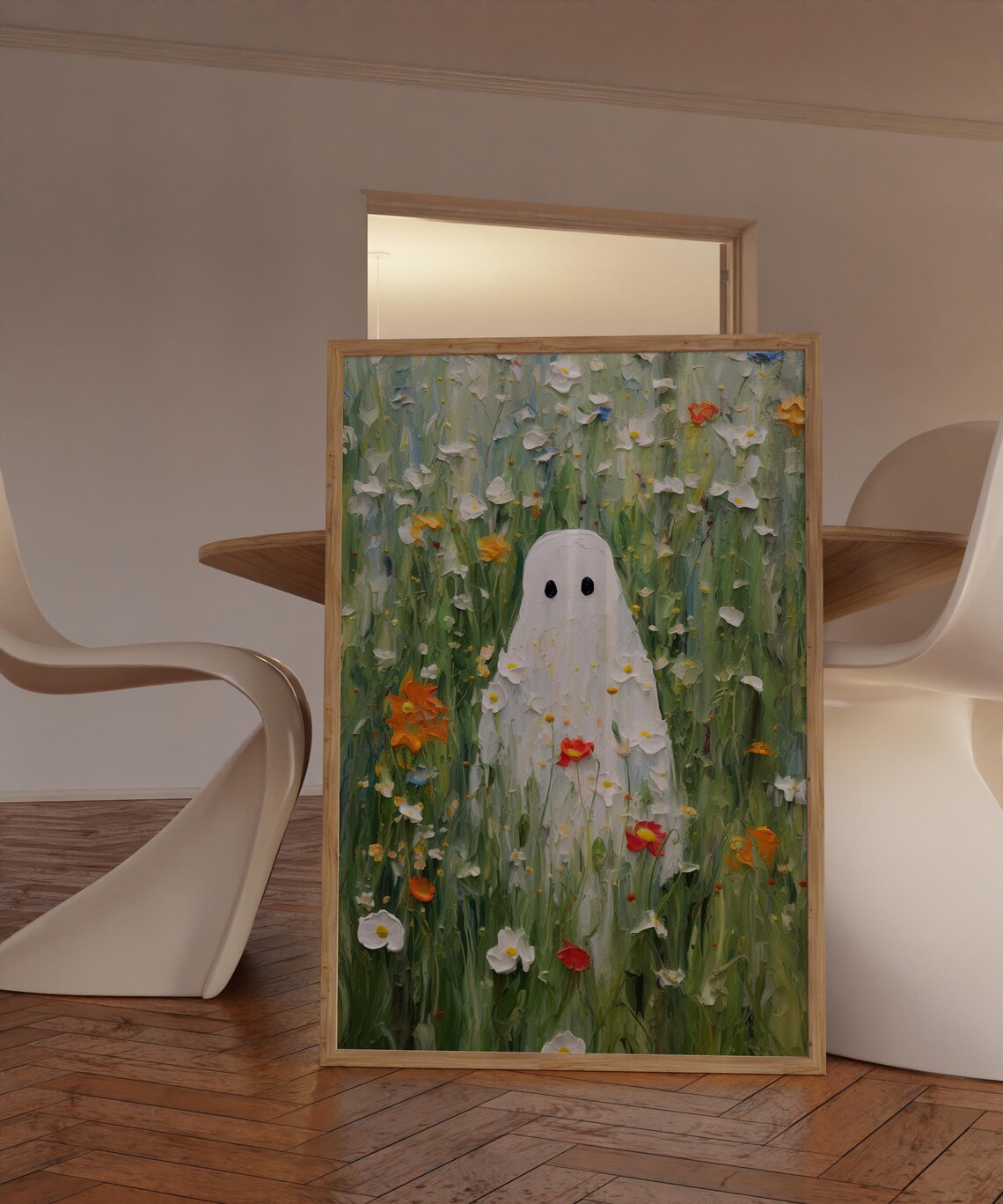 Cute Ghost in a Green Wildflower Meadow with Daisies Wall Poster - Image 2