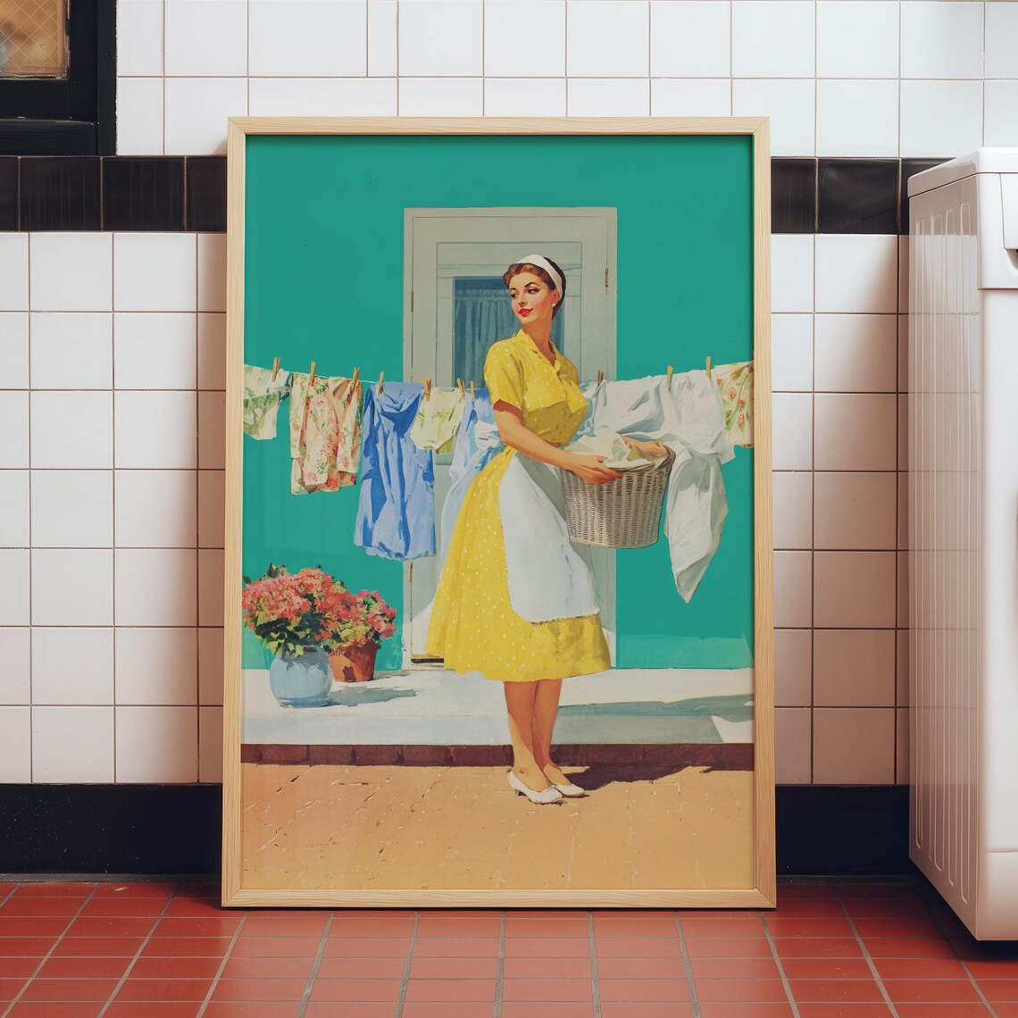 Laundry Room Decor, 50s Housewife Clothesline Art Print