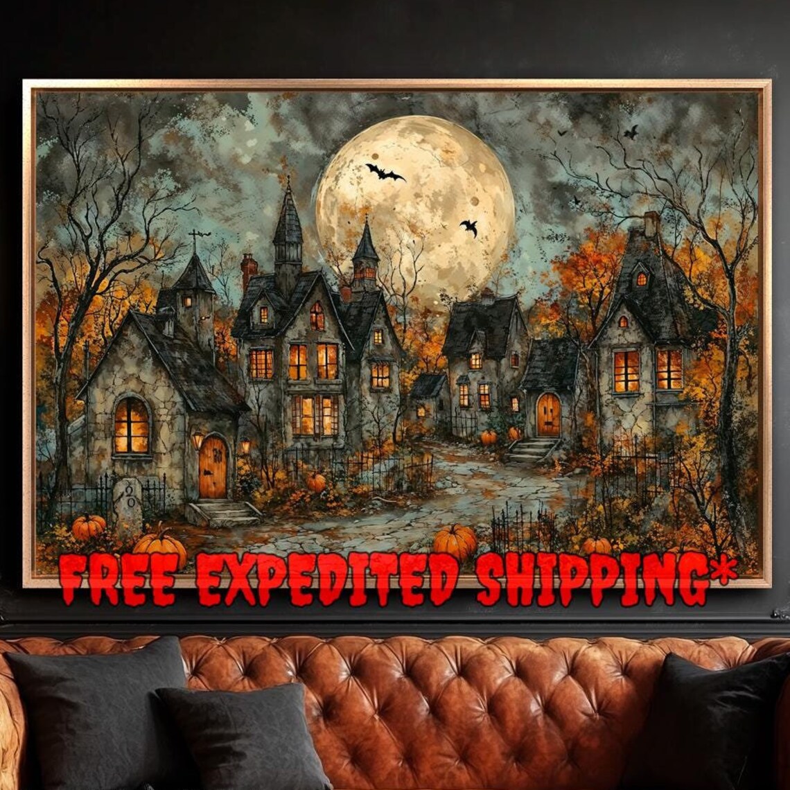 Spooky Gothic Village, Halloween Poster Print