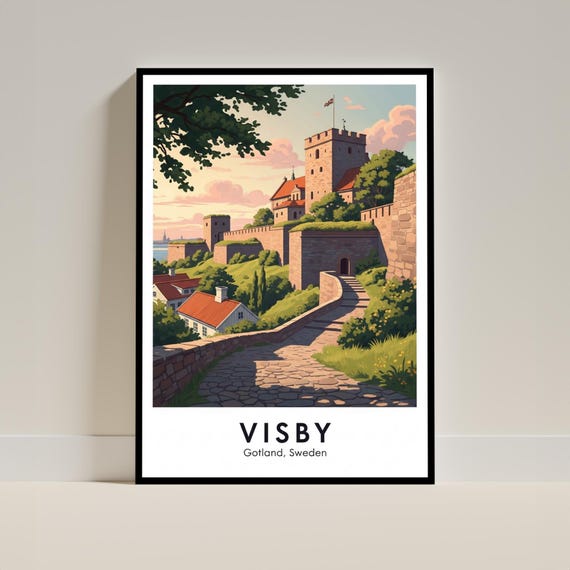 Visby Medieval Walls Art Print Green And Red Beige Blue Vintage Travel Poster Historic Architecture Living Room Office Decor